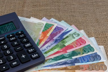 Hesap makineli Pakistan banknotları. Mali planlama kavramı.