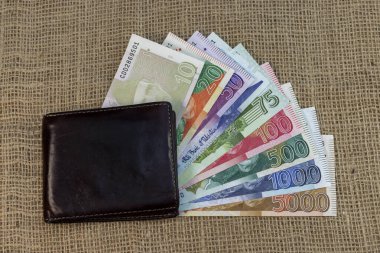 Pakistanlı banknotlar ve cüzdan. Para Denetimi Konsepti.