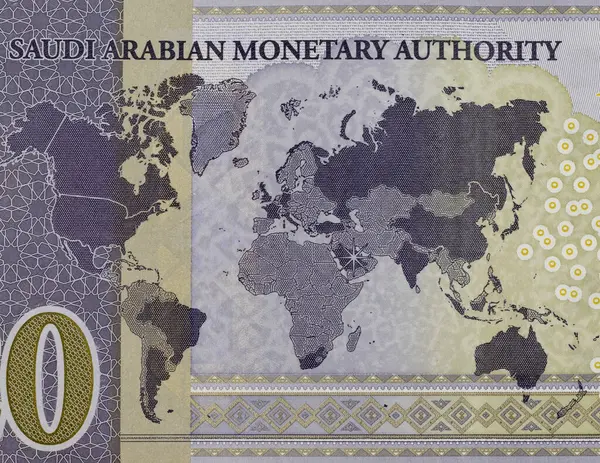 stock image Saudi Arabia 20 riyal commemorative banknote released in 2020 to commemorate the G20, features world map with members of the G20 countries highlighted