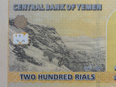 Bir Yemen 200 riyal banknotunun yakın çekimi ters yönde Hawf, Al Mahrah Valiliği