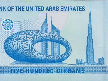 Geleceğin müzesi, Emirlik Kuleleri ve Burç Khalifa (Halife Kulesi), Birleşik Arap Emirlikleri 'nden Dubai 500 dirhem polimer banknot