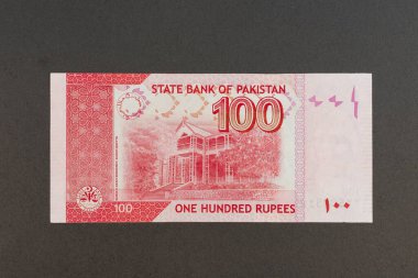 Pakistani 100 Rupee Red Color Banknote Reverse Side Showing Ziarat Residency clipart