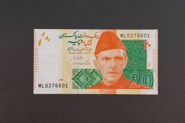 Pakistan 20 Rupee Banknote Ön yüzünde Quaid-e-AzamMuhammad Ali Cinnah Portresi