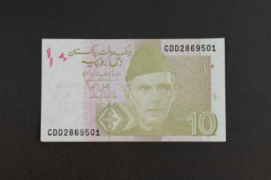 Pakistan 10 Rupi Zeytin Renkli Banknota Feathering Muhammad Ali Portresi