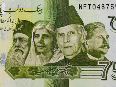 Portraits of Muhammad Ali Jinnah, Muhammad Iqbal, Fatima Jinnah, Syed Ahmad Khan from 75th Anniversary Pakistani 75 Rupees Banknote (Green Color). clipart