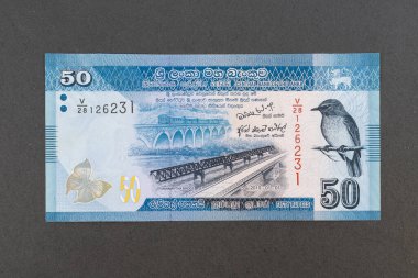 Sri Lanka 50 rupi para birimi notu Manampitiya 'da eski köprünün yanında yeni inşa edilen köprü, Sri Lanka donuk mavi sinekkapan (Eumyias sordida), mavi meşe yaprağı kelebeği (Kallima horsfieldi))