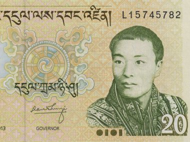 Portrait o King Jigme Dorji Wangchuck from Bhutan twenty Ngultrum Banknote clipart