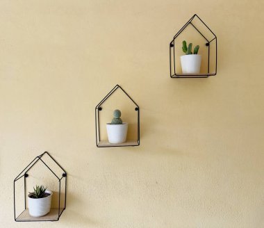 Geometrik Kulübe Shape Bitki Tutucuları Bej Duvarı 'nda Sulu ve Kaktüslü