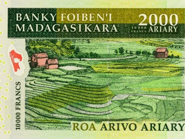 Madagaskar 'ın 2000 Ariary banknotlarından Betsileo pirinç teraslarının portresi