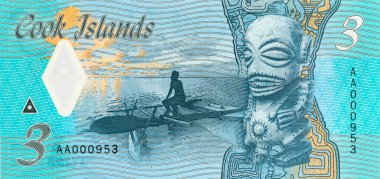 Cook Adaları 3 dolarlık ters tüy balıkçı kanosu ve Te-Rongo Tanrısı beyaz arka planda izole edilmiş..