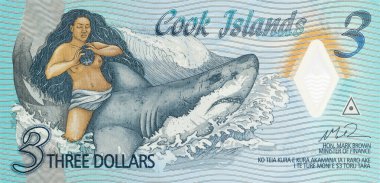 Cook Adaları 3 dolarlık banknot, beyaz arka planda izole edilmiş köpekbalığı Mango 'da yürürken elinde hindistan cevizi tutan çıplak bir Ina' ya dikkat edin.
