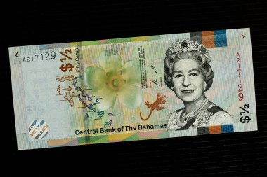 Bahamalar 'ın yarım dolarlık banknotları Kraliçe 2. Elizabeth' in tüylü göğüslerine bakıyor. Ortadaki Burma yakut tacını takıyor. Bahamalar Adaları ve Bahama güçlü sırt çiçeğinin (Bourreria succulenta) merkez haritası siyah b üzerinde izole edilmiştir.