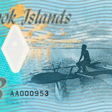 Bir balıkçı kanosu portresi ve Cook Adaları 'ndan Te-Rongo Tanrısı. 3 dolarlık yakın plan.