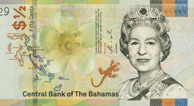 Kraliçe 2. Elizabeth 'in portresi, Bahamalar' dan Burma yakut tacını takıyor. Yarım dolarlık banknotlar.