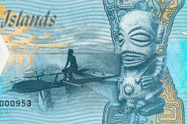 Bir balıkçı kanosu portresi ve Cook Adaları 'ndan Te-Rongo Tanrısı. 3 dolarlık yakın plan.