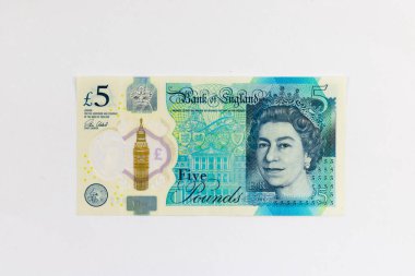 The Bank of England 5 note, also known as a fiver, is a sterling banknote, featuring the images of the Queen Elizabeth II clipart