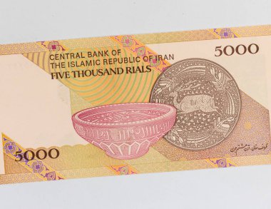 5000 İranlı Rial Banknote antik boyalı kâse ve tabak portresiyle