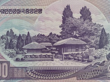 Portrait of Mangyongdae, the birthplace of Kim Il-sung from North Korea 5000 won banknote clipart