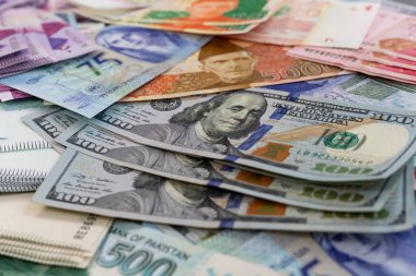 Pakistan Rupileri ve Amerikan Doları. İş ve Ekonomi için nakit yığını. Seçici Odaklanma.