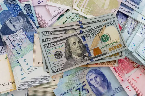 Pakistan Para Birimi Karışımı ve 100 Dolar Banknotları.