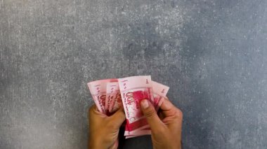 Pakistan 'daki adam 100 rupi sayıyor. Para ve ekonomi kavramının paylaştırılması.