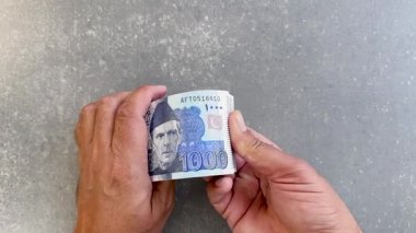 Pakistan 'ın 1000 rupi banknotlarını sayıyorum. Yakın çekim görünümü