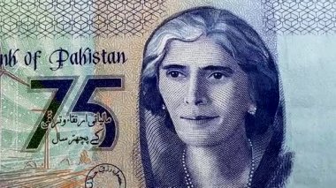 Pakistan Yeni 75 Rupees Hatıra Defteri Fatima Jinnah Portresi. Yakınlaştırılmış Yakınlaştırma Görünümü