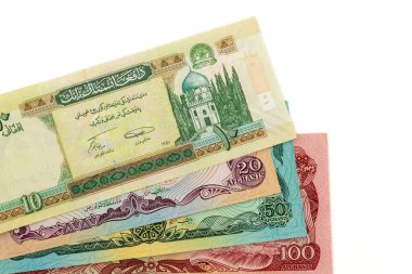 Afganistan Para Birimi Notları Beyaz arka planda 10, 20, 50 ve 100 Derece