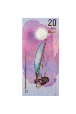 Geleneksel Dhoni yelkenlisi, Okyanus ve Deniz Mirası 'nın yer aldığı Maldivler 20 Rufiye Banknotası
