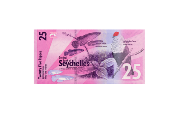Seyşeller 25 Rupi Banknote, Killifish, Blue Pigeon ve Tropikal Flora.