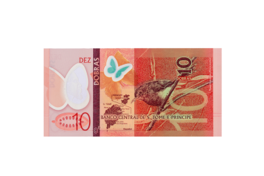 Soa Tom ve Prncipe 10 Dobra Banknote Kelebek, Kuş ve Ada Haritası.