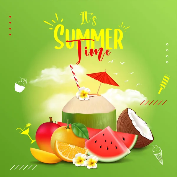 Summer Time Creative Square Banner Design Orange Mango Watermelon Coconut — Stock Vector