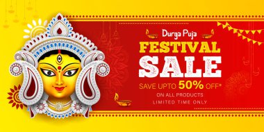 Durga puja festivalinin mutlu bayrak tasarımı Navaratri satış afiş tasarımı Durga maa yüzü resimli