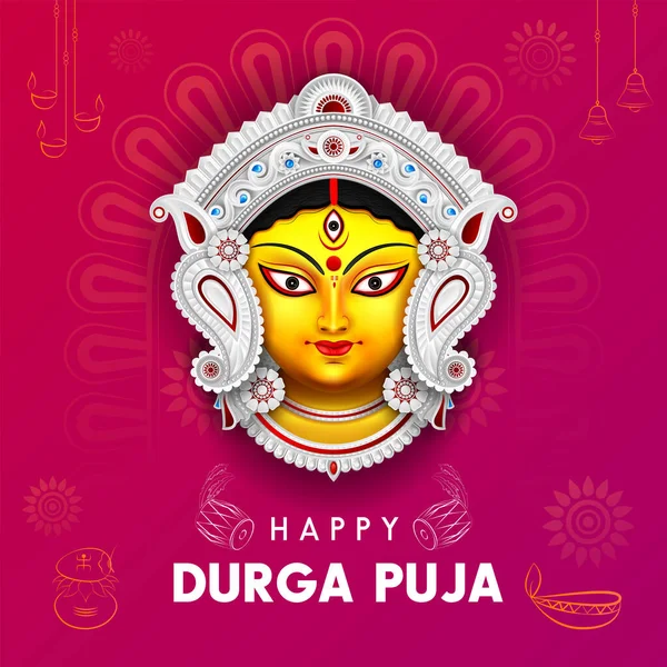 Mutlu Durga Puja Yaratıcı Reklamlar Tanrıça Durga Yüz Çizimi Şablon — Stok Vektör