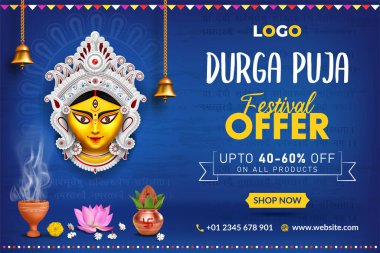 Mutlu Durga puja festivali bayrak tasarımı Navaratri mavi arka planlı pankart