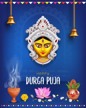 Mutlu Durga puja festivali sosyal medya afiş şablonu dizayn mavi arka planlı navaratri afiş tasarımı