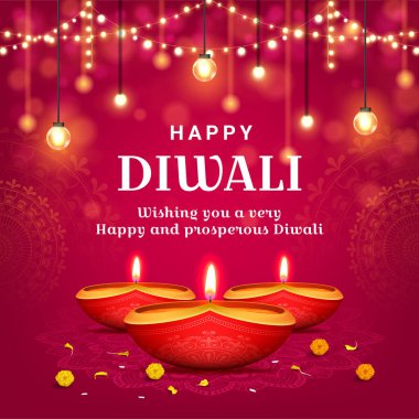 Mutlu diwali festivali diya lambası ve hafif bokeh arka planlı kare afişler diliyor