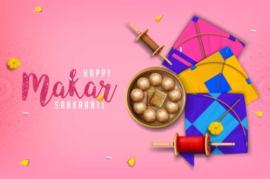 Makar sankranti festivali arka plan resimleri uçurtma, latai ve şekerlerle