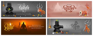 maha shivratri hindu dini festivali kutlaması, adanmışlık tanrısı shiva puja festivali kapak pankartı tasarımı Şiva lingam, çiçekler, trishul, damru