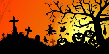 Kabak, yarasa, sarı ve turuncu arkaplanda cadı silueti olan cadılar bayramı arkaplanı çizimi