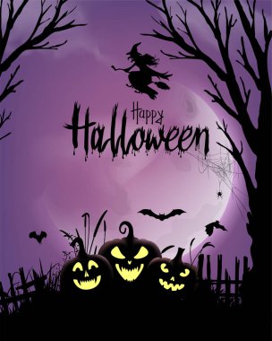 halloween festival banner design with illustration of pumpkin, bats, witch, tree and moon glowing on background