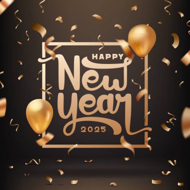 Mutlu yıllar 2025. Eşsiz ve yaratıcı yazı kaligrafi tasarımı. Siyah arka planda altın balonlar ve konfetiler var. 