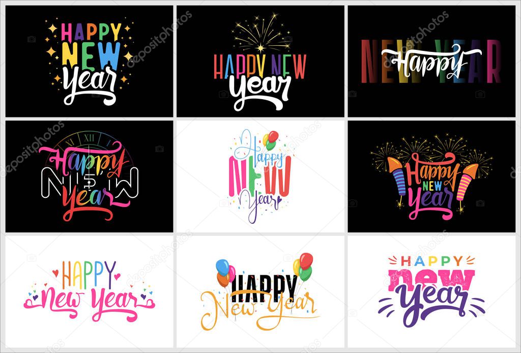 Happy new year text calligraphy set design with using rainbow colors