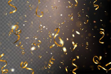 Altın konfetilerin siyah arka plana düşmesi. Parlak altın kesim kurdeleleri tatil, doğum günü, kutlama partisi vs. için kullanılabilir
