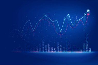 Hisse senedi piyasa düzeni mavi arka plan, ticaret, yatırım, piyasa stratejisi üzerinde mavi ve kırmızı neon ışık etkisi ile yukarı hareket ediyor