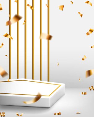 beyaz ve altın renkli 3d ürün sunum podyum vektör arkaplan altın konfeti düşüyor
