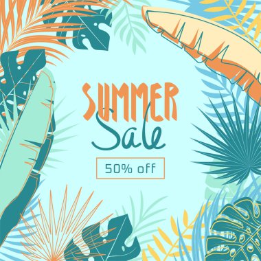 Yaz tropikal satışı pankartı arka plan, yaz tipografisi, palmiye yaprakları illüstrasyonu