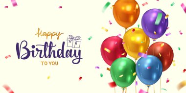 Renkli balonlar ve altın kurdeleler açık sarı arka planda izole edilmiş konfeti, mutlu yıllar yazı kaligrafi tasarım afişi