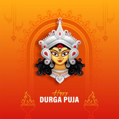 Durga puja Dini Festivali arka planında tanrıça Durga 'nın resimleriyle mutlu durga puja.
