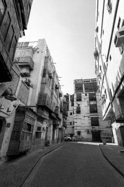 Jeddah, Suudi Arabistan, 22 Şubat 2020: Suudi Arabistan 'ın El Balad bölgesinde tarihi evleri bulunan eski bir kasaba